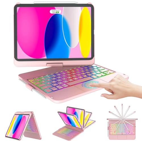 CC Store for iPad (A16) 11th 10th Generation Case with Keyboard - 7 Color Backlit 360° Swivel Multi-Touch Track Pencil Holde for iPad 11-inch A16 2025 10th Gen 10.9 Inch 2022(Rose Gold)