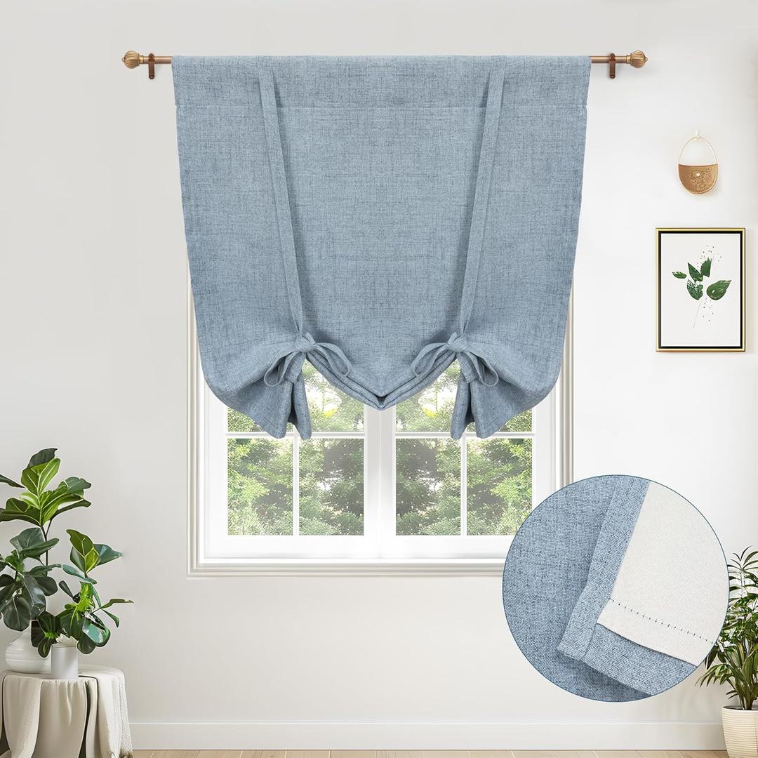 DriftAway Double Layer Linen Blackout Tie Up Curtains Thermal Insulated Fully Lined Balloon Roman Shade Bathroom Window Adjustable Rod Pocket for Small Window 39 Inch by 55 Inch Dusty Blue