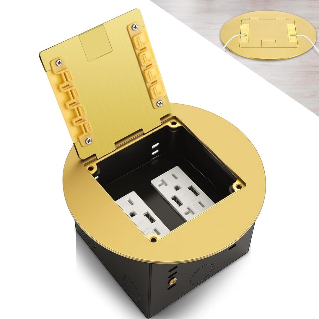 1 Pcs Recessed Floor Outlet 4. 72" x 4. 72" x 3. 94" 2-Gang with 4. 8a USB Chargers 20 Amp Floor Receptacles Round Hidden Outlet Kit Electrical Waterproof Box, Etl Listed (Gold)