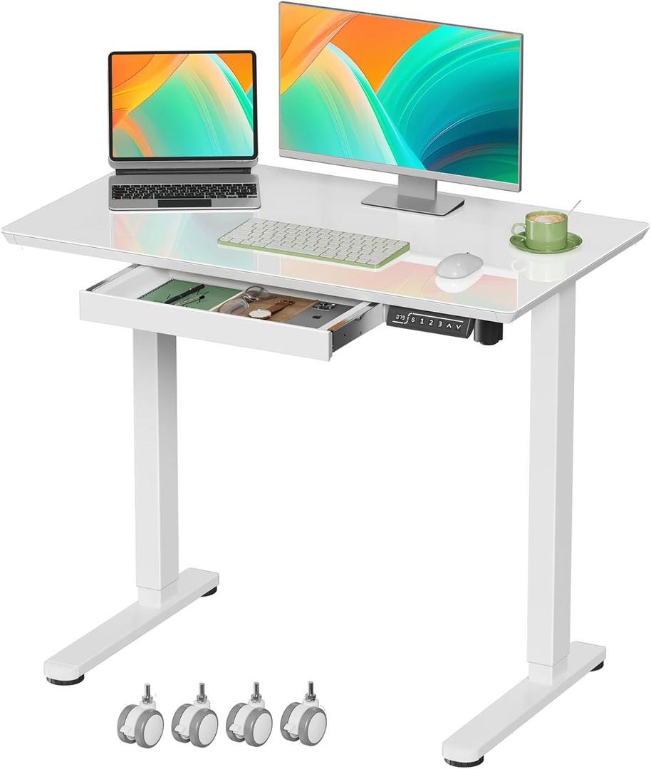 Gibbon Mounts Glass Standing Desk with Drawer, 35×20Inch Whole Piece Height Adjustable Rising Desk, Electric Sit Stand Desk with Wheels, Small Computer Desk, White, 35" W x 20" D x 28.3" H