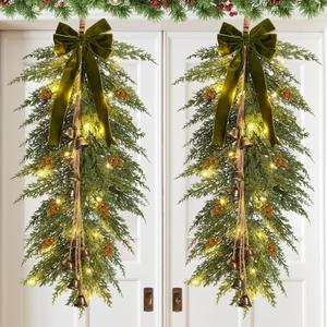 Hungdao 2 Pack 36" Large Christmas Teardrop Swag with Lights Velvet Bell Bow and Faux Pine Cones Rustic Christmas Artificial Greenery Cedar Swag Wreath for Xmas Farmhouse Home Wall Decor(Green)