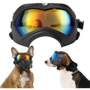Dog Goggles,UV Protection Dog Sunglasses for Medium Breed,Dogs Eye Protection with Adjustable Strap and Detachable PU Leather Hat (Colorful Glass)