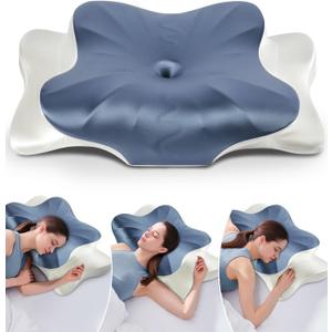 DONAMA Cervical Pillow for Neck and Shoulder Pain Relief, Cooling Contour Memory Foam Pillow, Dual-Height Ergonomic Neck Support Pillow for Side Back Stomach Sleepers with Removable Pillowcase (King Size, Ice Silk Dark Blue)