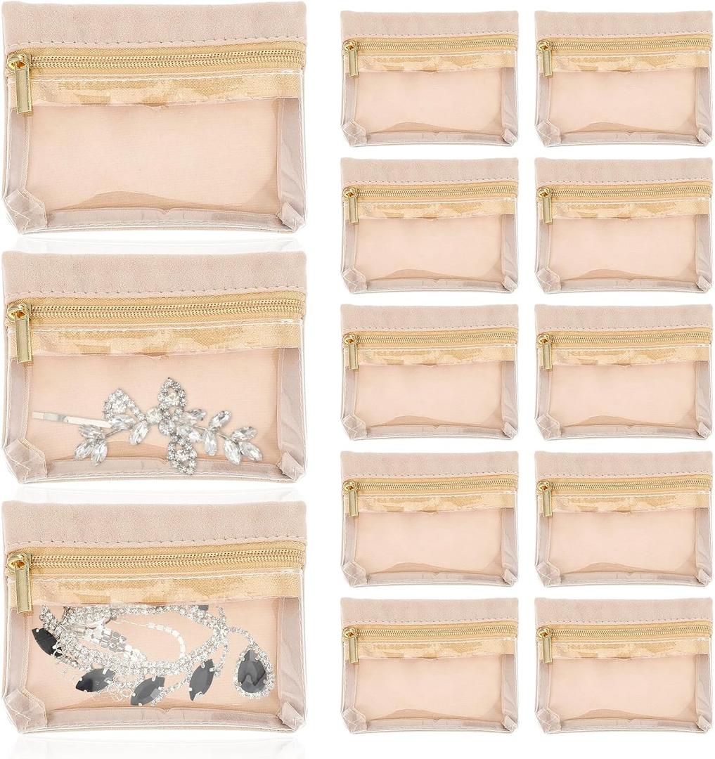 10 Pcs Travel Jewelry Pouch, Beige Transparent Jewelry Travel Organizer Case Non-Woven Fabric Clear Storage Bag with Zipper Portable Storage Bags for Women Necklaces Rings Earrings
