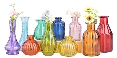 Eleganttime Bud Vases for Flowers,Glass Colored Bud Vase in Bulk Set of 7,Small Vintage Vase Bottle for Wedding Decorations,Garden and Home Decor,Centerpieces,Colorful Mexican Décor