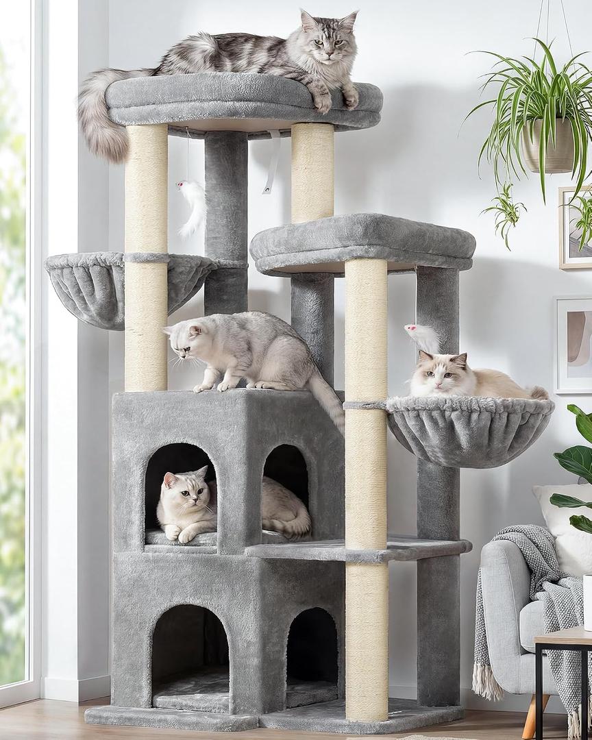Globlazer Cat Tree Tower for Indoor Cats, Sturdy Adult Cat Tree House for Large Adult Cats with 2 Platform, 6 Cat Scratching Post, 2 Cat Caves, Dangling Toys, S63, 63 inch, Light Grey