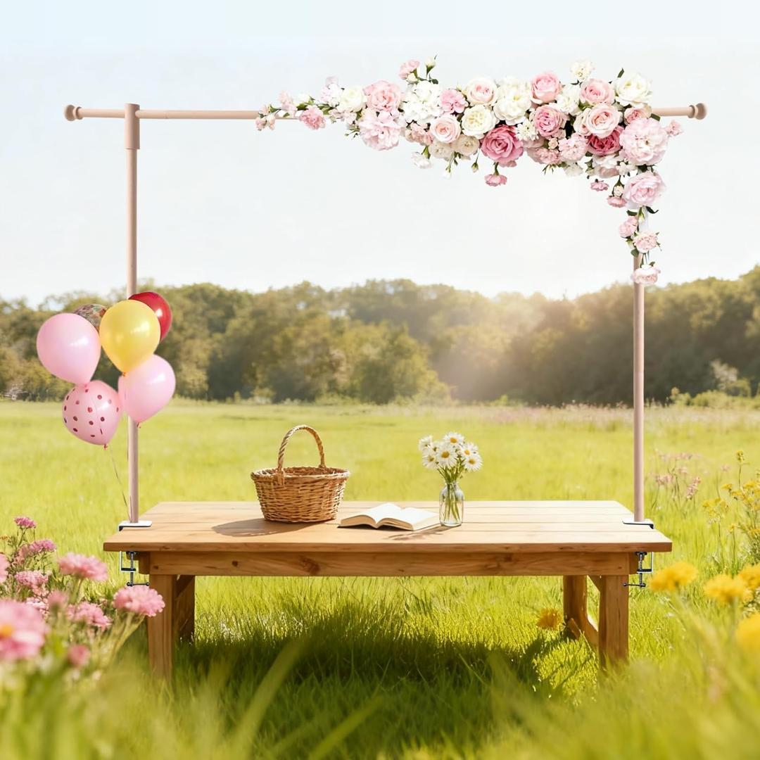 Beyeutao Wood Over The Table Rod Stand with Clamps Adjustable Table Arch Stand with Clamps 15-47” Tall 15-74” Length for Party Garden Arbors Wedding Birthday Christmas Halloween