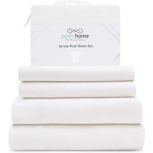 Posh Home Jersey Knit Sheet Set 3-Piece Jersey Cotton Bed Sheets - Breathable, Soft & Comfy - Twin Sheets - White, 1 Pillowcase included