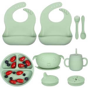 LOKEISNA Silicone Baby Feeding Set 11 Piece, Baby Led Weaning Feeding Supplies, Strong Suction Bowl & Suction Plate, Adjustable Bibs, 4-in-1 Cup, Spoon & Fork, Food-grade Silicone (Green)