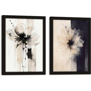 Framed 3D Canvas Abstract Floral Wall Art Modern Minimalist Black And White Flower Print Poster Gallery Style Painting Print For Living Room Bedroom Bathroom Office 16x24 Inch 2-Piece Set
