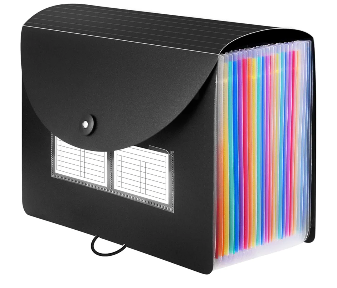 Sooez 24 Pockets Expanding File Folder with Blank Labels, According File Organizer with Expandable Cover, Desktop Accordion Folders Letter A4 Paper Document Storage Organizer, Black