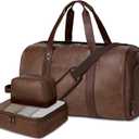 Wogarl 3PCS Faux Leather Weekender Bag for Women Men Large Overnight Travel Duffel Bags with Shoe Compartment Toiletry Packing Cube Carry On Duffle Fit 21" Laptop(Coffee)