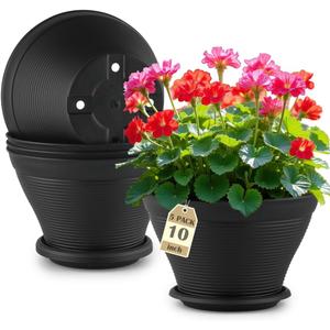 RooTrimmer 5 Pack 10 Inch Plant Pots with Saucers, Plastic Flower Pots with Drainage Holes, Large Planters for Indoor Outdoor Garden, House Plants, Flowers, Herbs, Gardening Gifts, Black