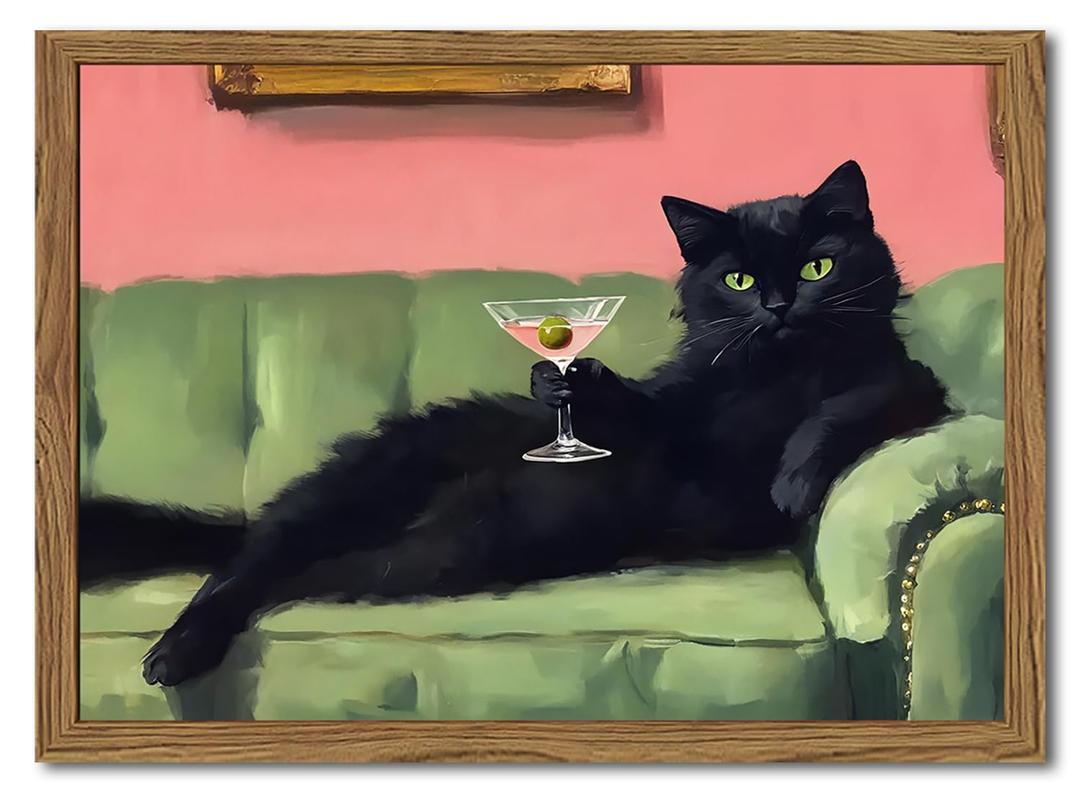 Funny Black Cat Martini Wall Art, Bar Cart Decor, Eclectic Cocktail Painting Canvas Print, Cute Animal Artwork Picture for Bedroom Living Room Kitchen 16x24 inch Wood Framed