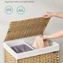 SONGMICS Laundry Hamper with Lid, 38.3 Gallons (145 L), Rolling Laundry Basket with Wheels, 2-Section Synthetic Rattan, Removable Liner, Bedroom, 21.7 x 15.7 x 26 Inches, Natural Color ULCB262Y01