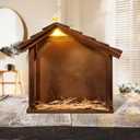 Wenqik Christmas Nativity Stable with LED Star Light 10.8 Inch Wooden Manger for Nativity Scene Nativity Creche Stable Home Desk Decor for Holy Family (Without Figurines and Batteries)