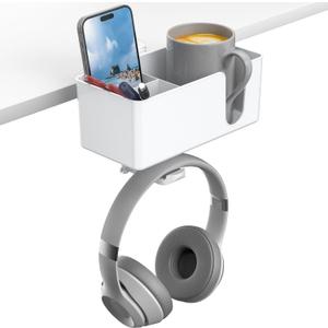 KDD 4 in 1 Desk Organizer - Clamp on Under Desk Headphone Hanger and Pen Cup Holder - Rotating Headphone Holder, Phone and Pen Storage (White)