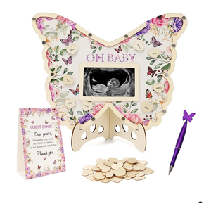 Butterfly Baby Shower Decorations,Purple A Little Butterfly Is On Her Way Baby Shower Guest Book Alternatives with Pen,Photo Frame and 60 Heart Wood Slices for 60 Guests,Gender Reveal Decorations