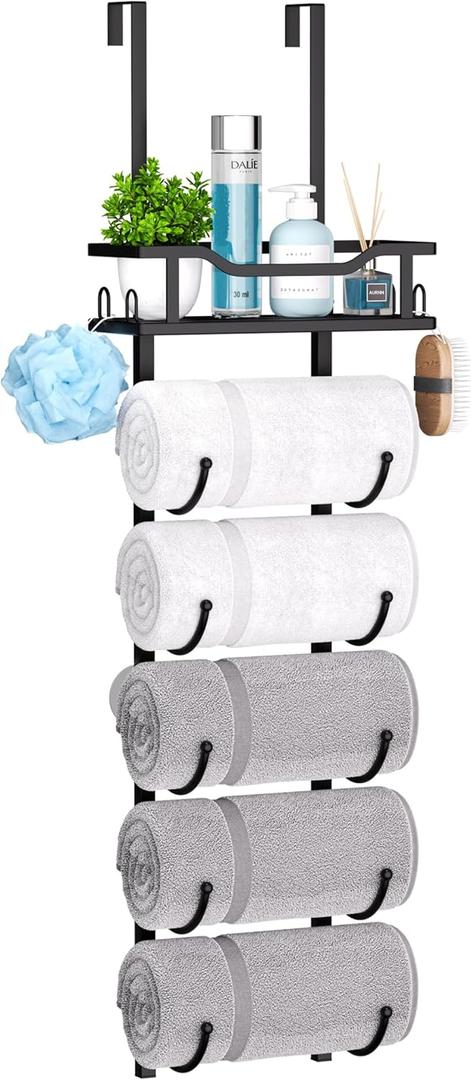 SWTYMIKI Over The Door Towel Rack - 6 Tier Towel Racks for Bathroom Wall Mounted, Towel Holder with Shelf, Hanging Rolled Towel Storage Organizer for Small Bathroom, Camper, RV, Black