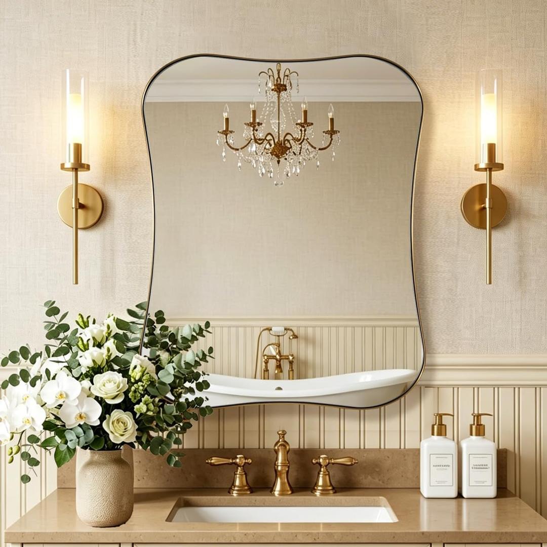 ANDY STAR 24x30'' Gold Bathroom Mirror for Wall, Rounded Corner Scalloped Brass Mirror Butterfly-Shaped in 1 Rustproof Stainless Steel Metal Frame Wall Mounted Vertical/Horizontal for Home Remodel