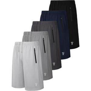 5 Pack Boys Athletic Shorts with Zipper Pockets Basketball Soccer Quick Dry Teen Kids Sport Shorts Elastic Waist, XL