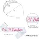 "I'm 21 Bitches" Sash and Rhinestone Tiara Kit, Pink Letter White Birthday Sash Balloons Crystal Silver Tiara Crown for Girl 21st Birthday Gift Ideas Party Decorations