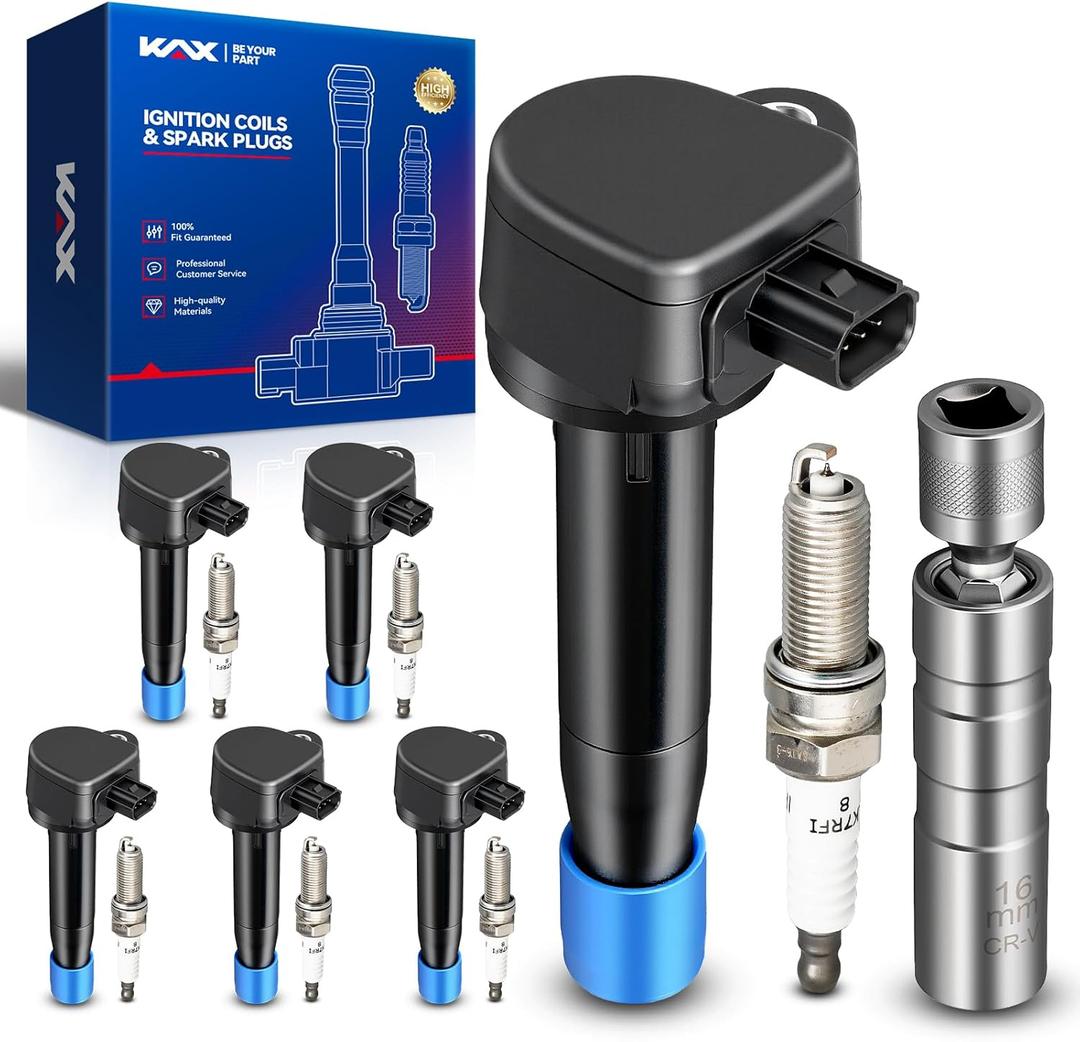 KAX Set of 6 Ignition Coil Pack & Iridium Spark Plugs w/Magnetic Socket for Honda Odyssey 2008-2017, Accord 2008-2012, Crosstour 2010-2012, Acura TL 2009-2014, RL 2009-2012, TSX 2010-2014,3.5L UF603