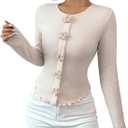 Women's Floral Applique Ribbed Knit T Shirt Long Sleeve Crewneck Slim Fit Lettuce Trim Elegant Top (S)