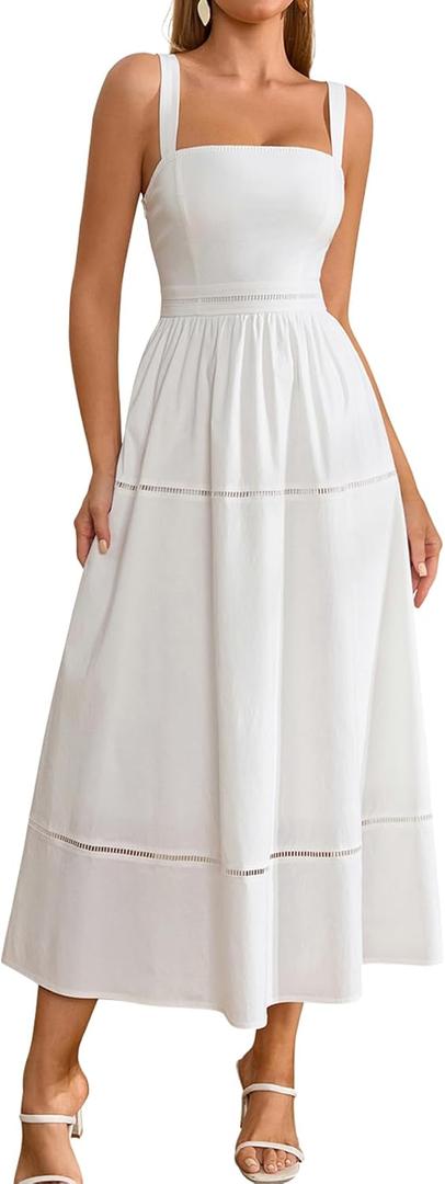 KUTUMAI Summer Corset Midi Dress Elegant Square Neck Flowy A Line Wedding Guest Tea Party Dresses for Women Sundress 2025 (White) L
