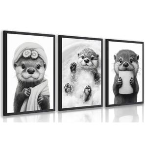 LLEEMPI Funny Bathroom Wall Art Set of 3, Cute Raccoon Poster Prints, Humor Animals Canvas Paintings, Fashion Minimalist Black White Wall Decor for Restroom Nursery Bedroom Wood Framed 16x24 inch