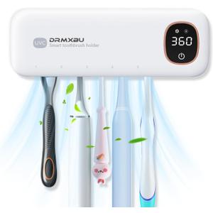 Toothbrush Sanitizer and Holder, DRMXBU Toothbrush Holders for Bathrooms with Light Clean Air Dry, Rechargeable Toothbrush Holders Wall Mounted with 5 Slots, Timer Function Tooth Brush Cleaner Case