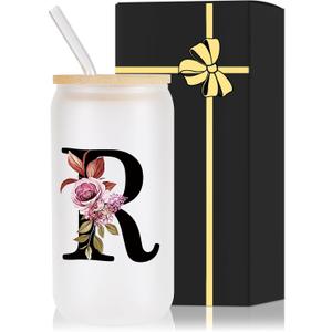 Monogrammed Glass Drinking Cup With Lid Straw Women Happy Birthday Christmas Xmas Day Holiday for Female Teacher Aunt Big Small Sister in Law Mother Stepmother Wedding Groom Bride Officiant Gift, R