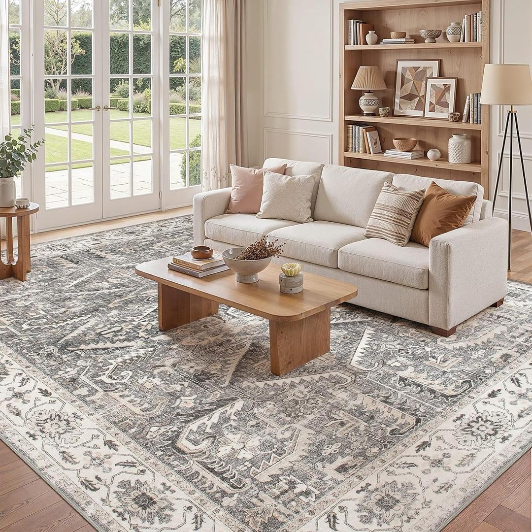 Washable 9x9 Square Area Rugs for Living Room Vintage Non Slip Grey