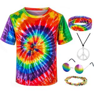 Kids Hippie Costume for Boys Girls 60s 70s T-Shirt 5Pcs Set for Halloween Party 3-12 Years (Colorful)