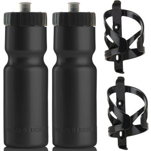 Bike Water Bottle Holder & Bottle Combo 2-Pack 22 oz Sports Squeeze Bottles with Pull Top Cap & Easy-Install Bike Cage Made in USA 50 Strong Brand