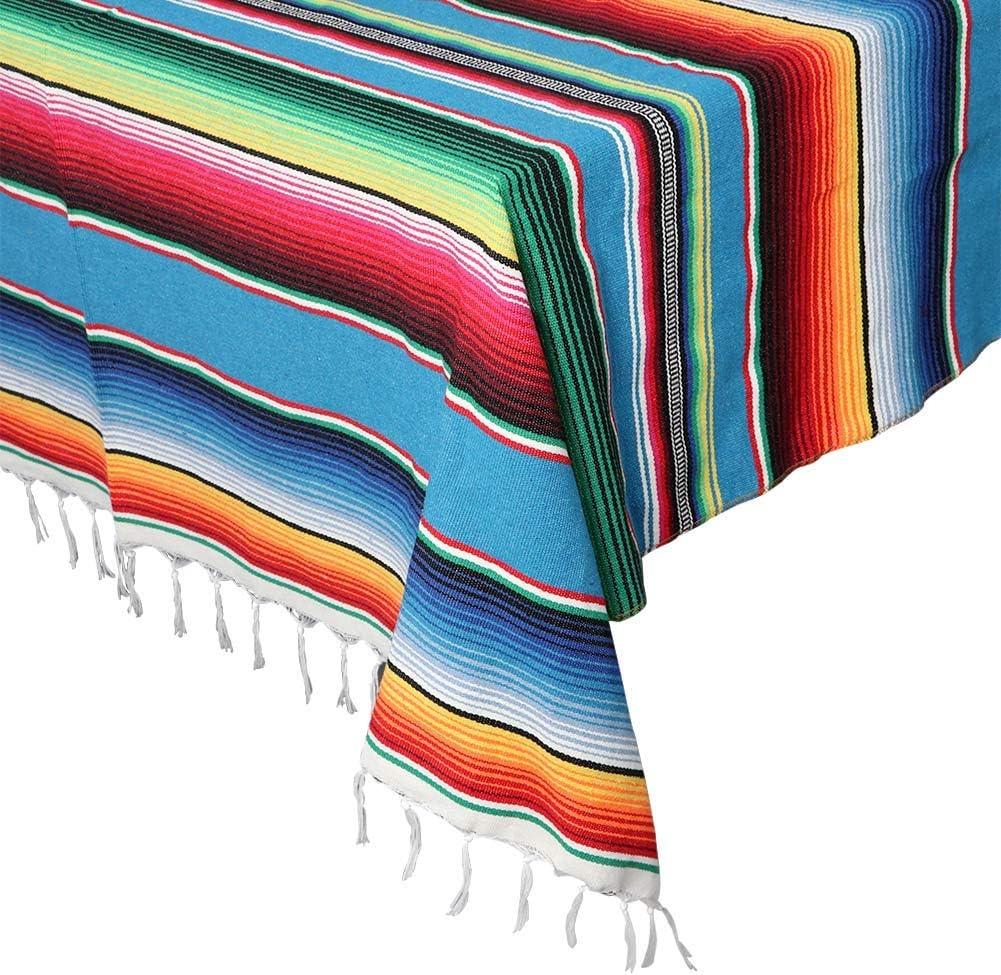OurWarm 59 x 84 Inch Mexican Tablecloth Serape Blanket for Mexican Party Wedding Decorations, Large Square Cotton Fringe Table Cloth Colorful Mexican Blanket Outdoor Fiesta Table Cover Picnic (Blue)