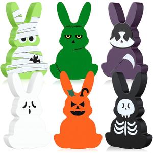 Kathfly 6 Pcs Easter Table Decor 4.5" Horror Wooden Bunny Signs Spooky Easterween Decorations Halloween Rabbit Signs for Home Spring Table Centerpieces Windowsill Fireplace Party Decor