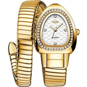 Gosasa Snake Bracelet Watch for Women, Elegant Bangle Wrist Watch with Flexible Wrap Strap Design, Fashion Jewelry Style Quartz Watch, Adjustable Cuff Watch for Dress & Gift (Gold White)