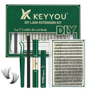 KEYYOU Lash Extension Kit DIY 300Pcs Lash Clusters Kit 40D 0.07 D Curl 9-18MIX Eyelash Extension Kit Individual Lashes Kit with Lash Bond and Seal, Lash Tweezers and Remover for Self Use