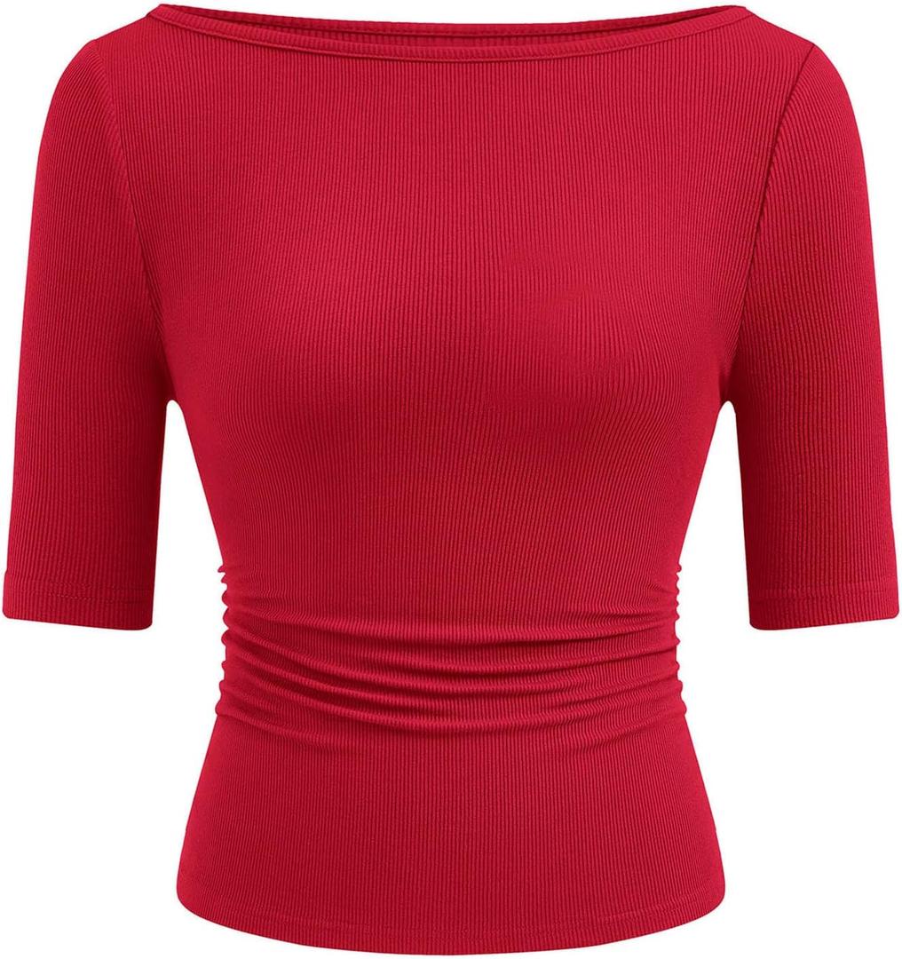 PRETTYGARDEN Womens Summer Short Sleeve Tops Boat Neck Ribbed Knit Slim Fit T Shirt Casual Basic Top 2026 Spring Clothes (Large, Red)