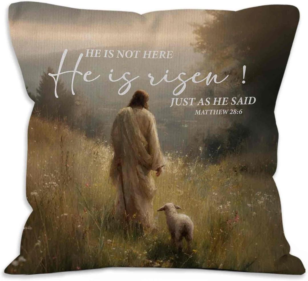 3 x He is Risen Easter Throw Pillow Covers - Christian Religious Easter Lamb Decor, Esus and the Lost Lamb Religious Pillow Covers for Home Bedroom Couch