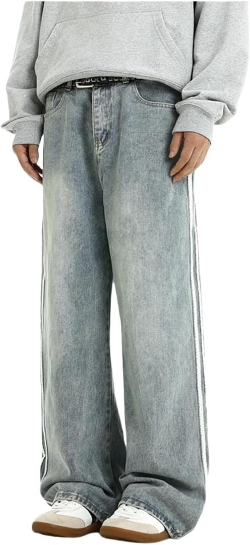Men's Baggy Vintage Jeans Loose Fit Denim Pants with Stripes on The Side Relaxed Skateboard Denim (S)