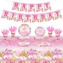 172 Pcs Princess Birthday Party Supplies Serves 24 Include Castle Tablecloth Pink Princess Birthday Banner Party Plates and Napkins Tableware Set for Girls Theme Decorations