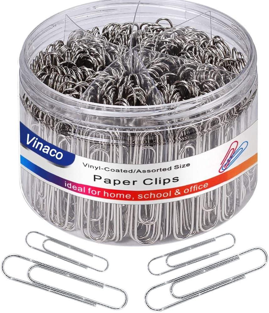 Vinaco Paper Clips Non Skid, 500PCS Medium and Jumbo Paper Clips (1.3 inch & 2.0 inch), Durable & Rustproof, Coated Paperclip Great for Office School and Personal Use