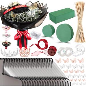 XunYee Bouquet Kit 20 Sheet Flower Wrapping Paper 100 Pcs Bamboo Skewers Floral Foam Blocks for Anniversary Birthday Gift Graduation Mother's Day(Transparent Black)