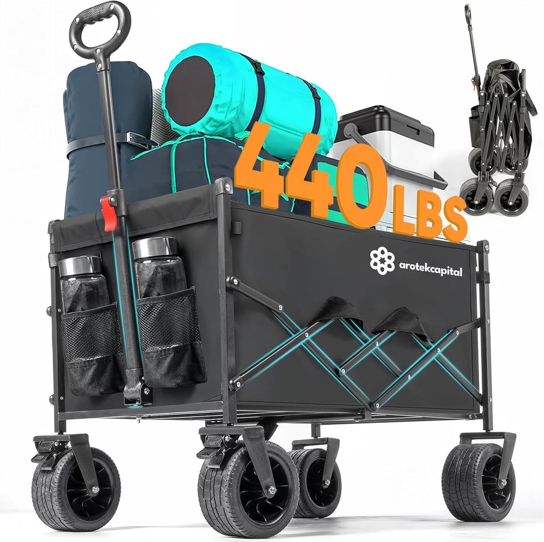Collapsible Foldable Wagon Cart, 440lbs Heavy Duty Utility Wagon with All-Terrain Wheels, Folding Outdoor Cart with Brakes for Beach, Sports, Camping, Garden, Shopping  Black