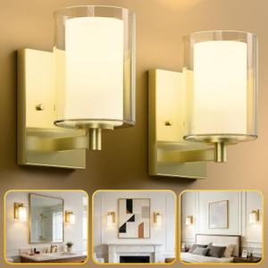 Kalium Wall Sconces Set of Two for Bathroom Bedroom Living Room Hallway Indoor Stairwell & Mirror, Farmhouse Modern Vanity Light Fixtures with Double Glass Shade & Gold Rustproof Metal Base, E26