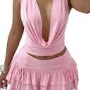 Womens Summer 2 Piece Skirt Sets Sexy Backless Halter Crop Tank Top High Waist Ruffle Pleated Mini Skirt Sets (Large, Pink)