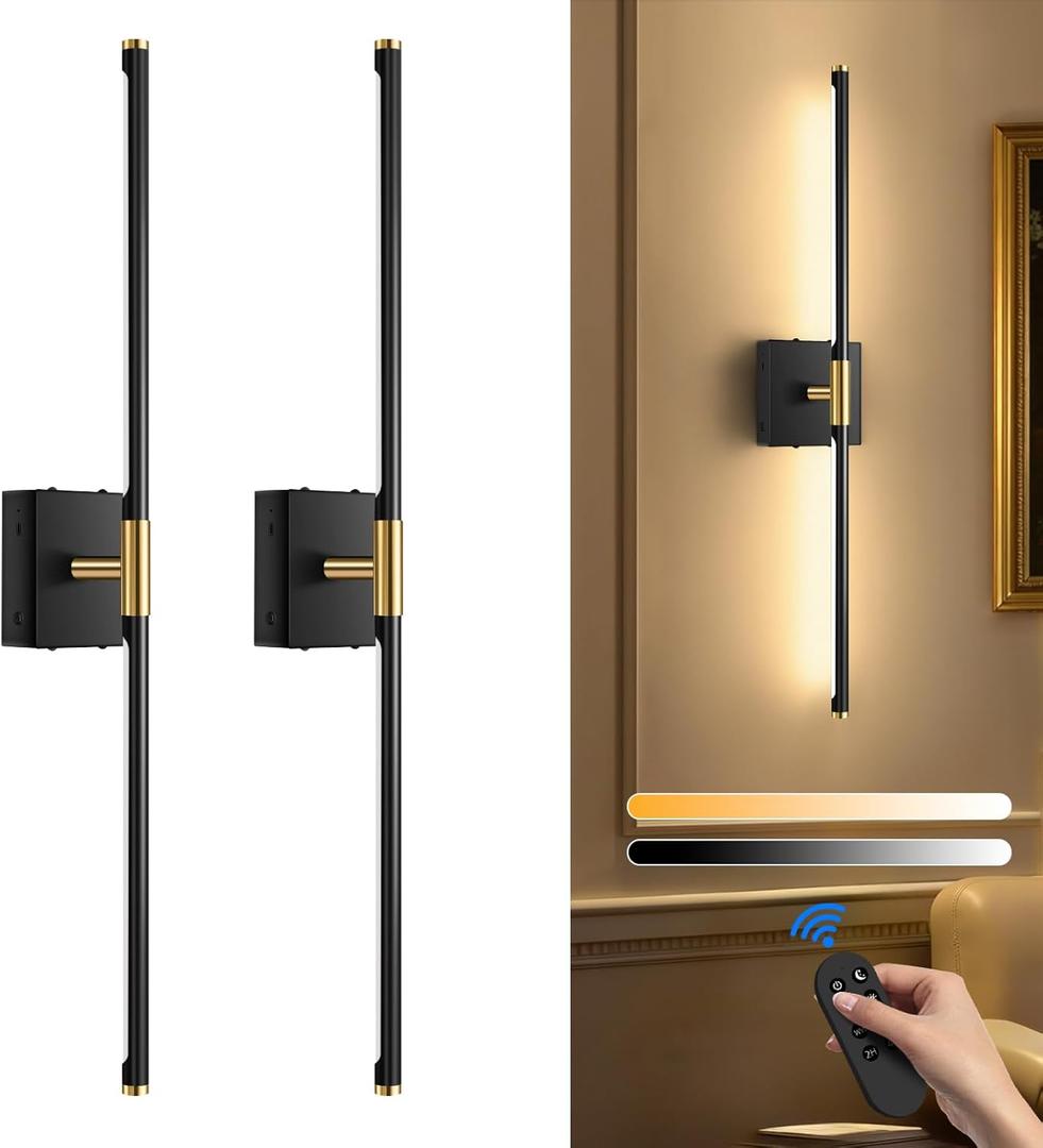 Wall Sconces Set of Two Battery Operated, Wireless USB Rechargeable Wall Lights with Remote, 8000mAh Dimmable LED 3 Color Dimmable Living Room for Bedroom,Hallway,Picture Lamp (30in Black)