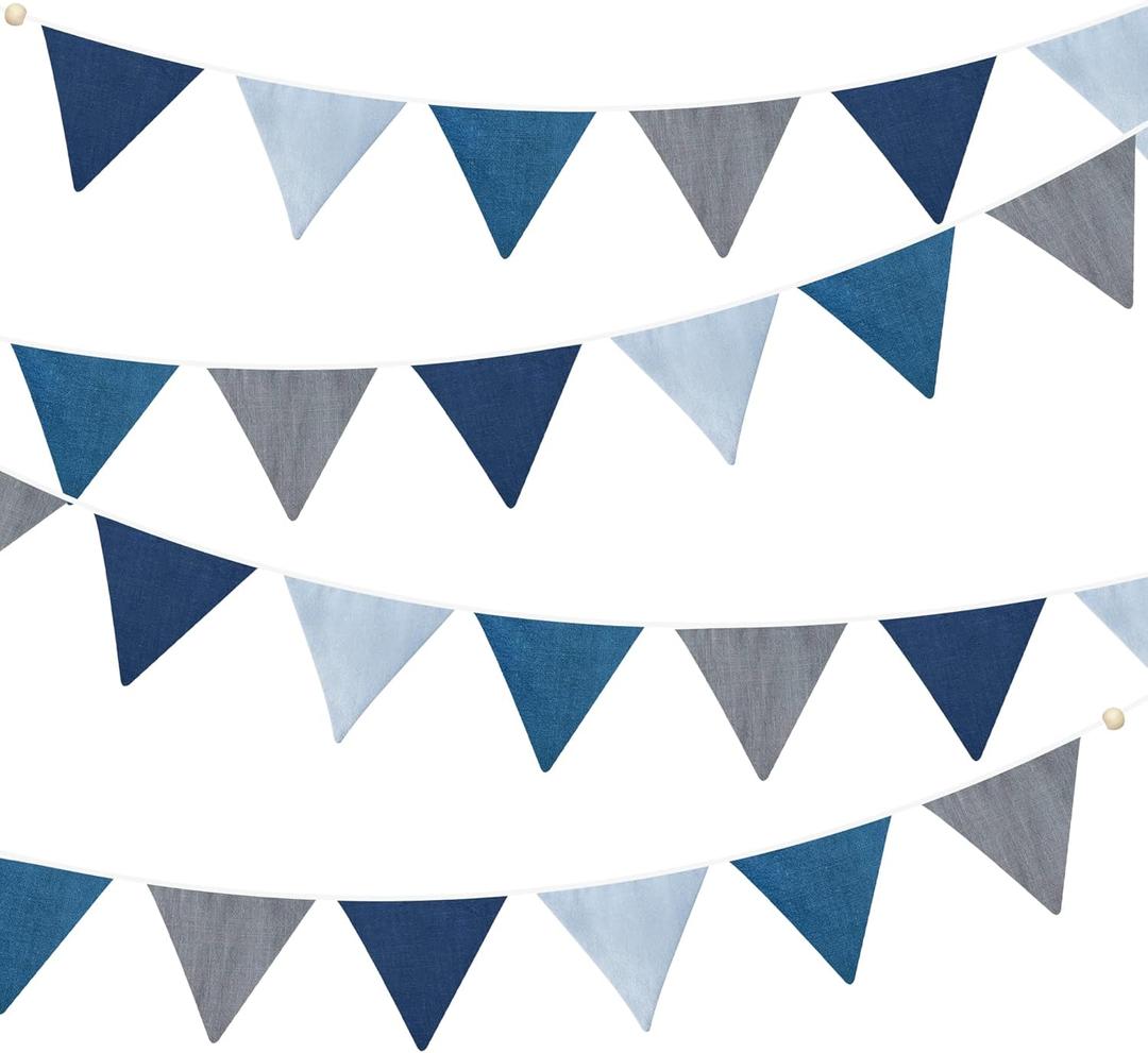 2 Sets of Blue Grey Nursery Garland 24Pcs Royal Fabric Linen Baby Banner Triangle Pennant Flags Streamers for Kids Boys Nautical Birthday Baby Shower Party Decorations Baby Bedroom Nursery Decor